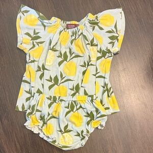 Milk Barn Lemon Print Baby Romper Set - Yellow & Light Blue